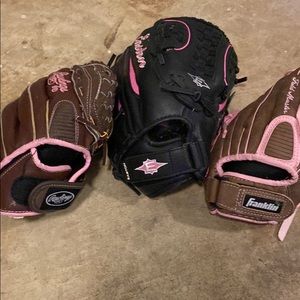 Rawlings 10” Easton 12”and Franklin 11” softball gloves and 4 softballs